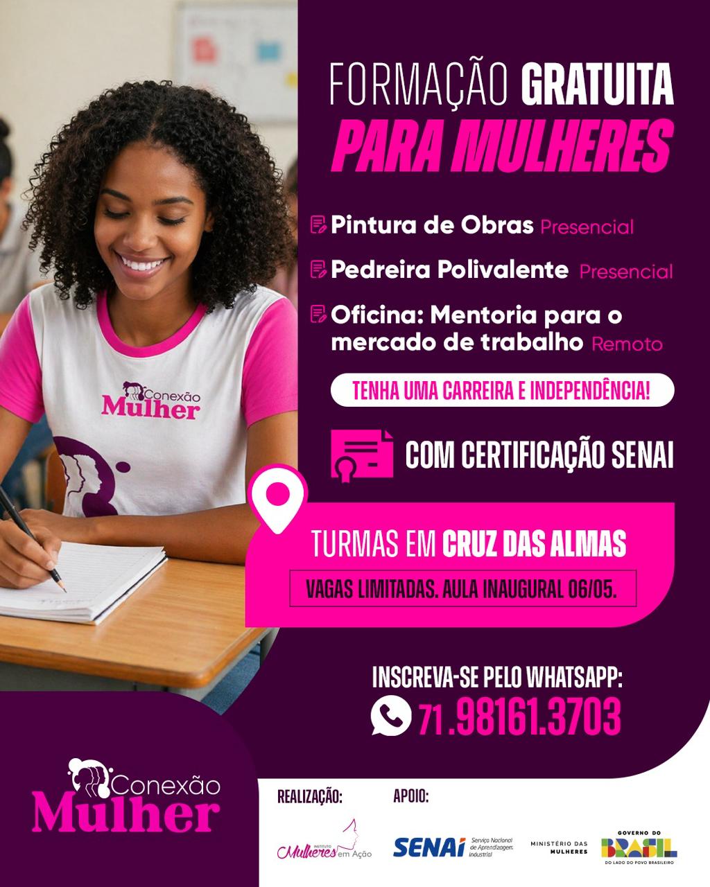 Conexão Mulher: Estão abertas as inscrições para cursos de Pintura de Obras e Pedreira em Cruz das Almas