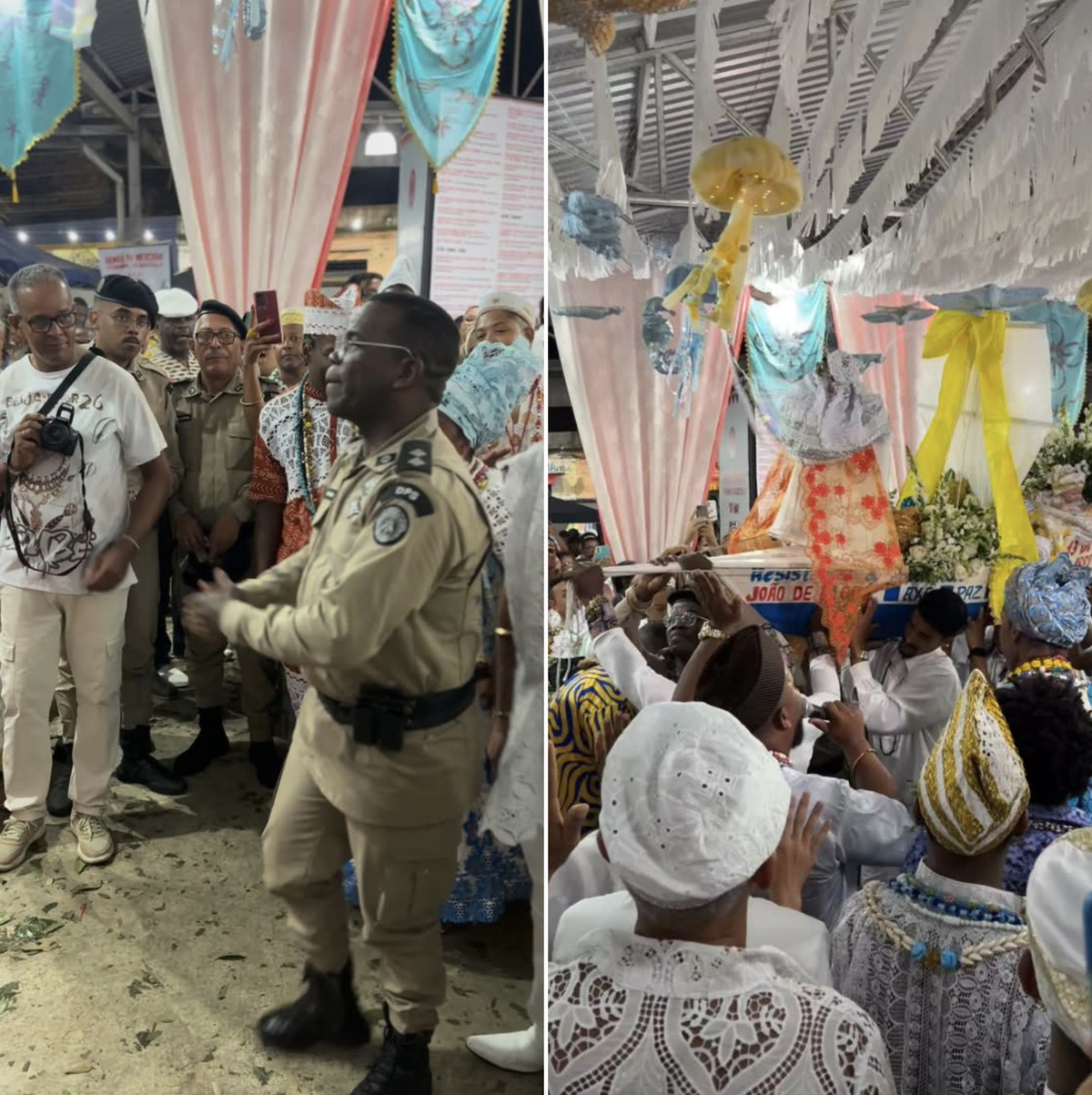 POLICIAL MILITAR EMOCIONA PÚBLICO AO SAUDAR XANGÔ DURANTE O BEMBÉ DO MERCADO, EM SANTO AMARO, NA BAHIA