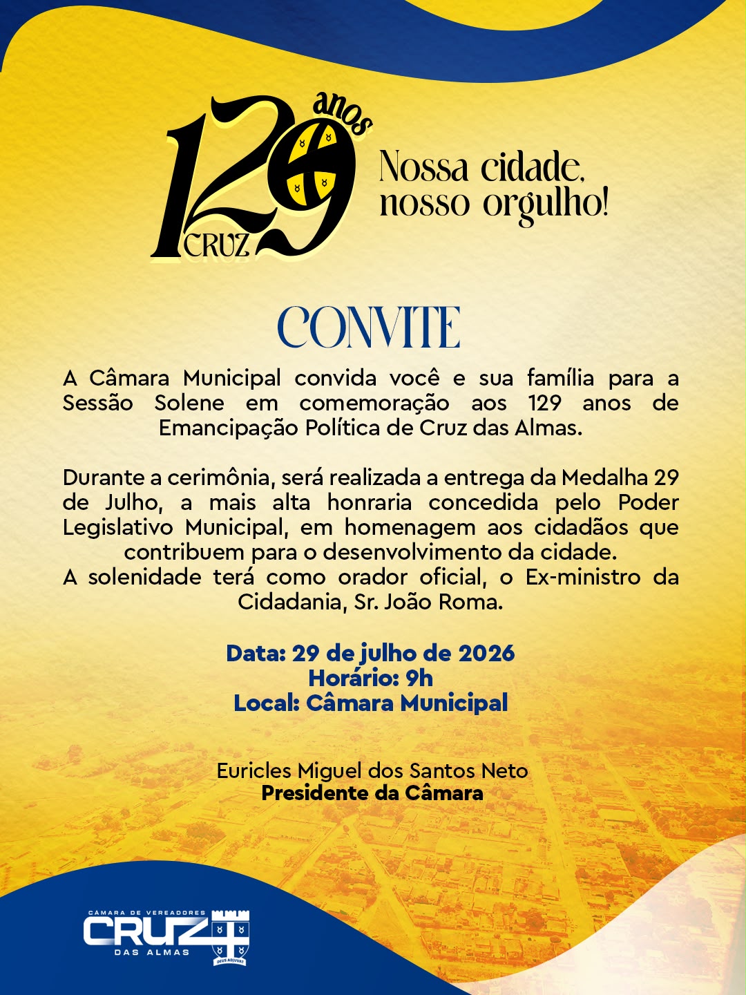 Câmara de Cruz das Almas realizará Sessão Solene em comemoração aos 129 anos de emancipação política do município